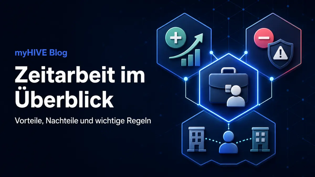 Vernetzte Symbole für Chancen, Risiken und Regeln der Zeitarbeit zwischen zwei Unternehmen